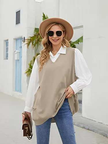 Sweater Vest Womens Knitted Oversized V Neck Sleeveless Sweater Knitwear Tank Tops with Pocket (S-3XL)