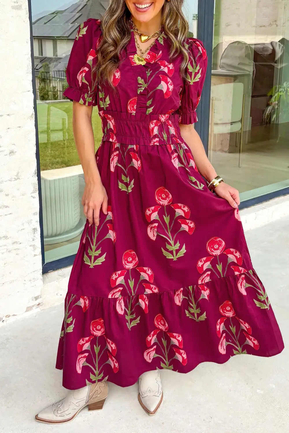 Lightweight Feel Floral Printed V Neck Maxi Dress