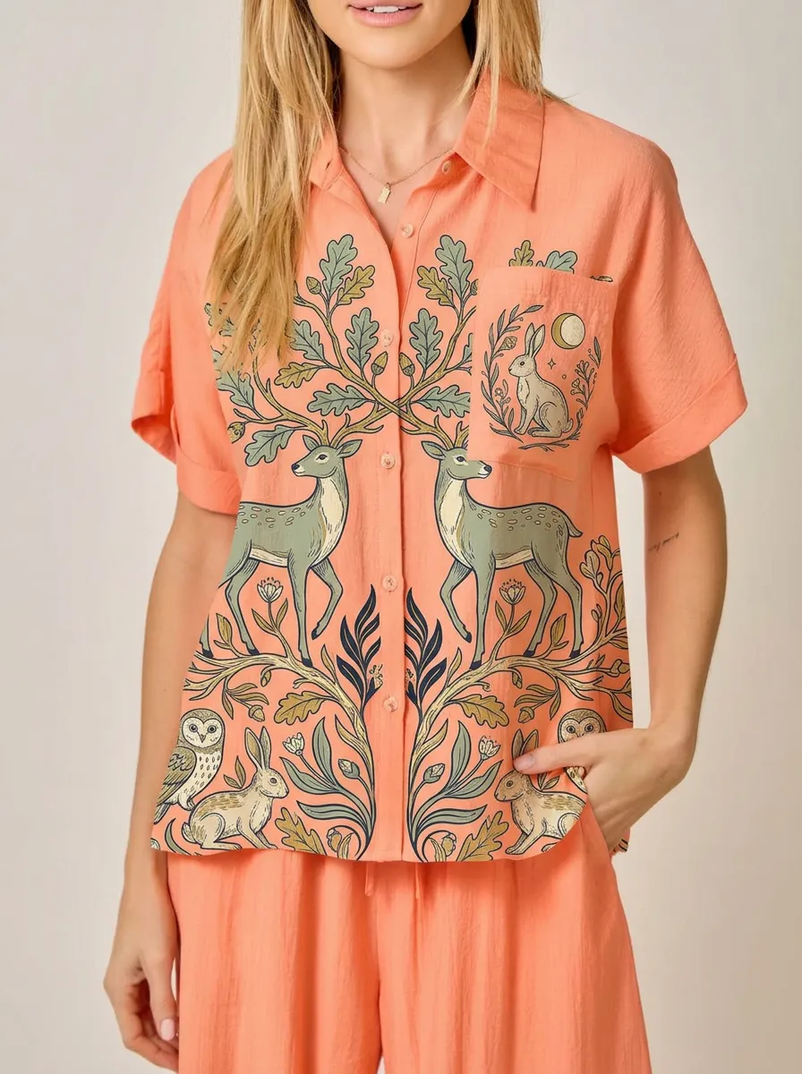 Women's Forest Animal Deer Rabbit Owl Nature Printed Button-up Shirt