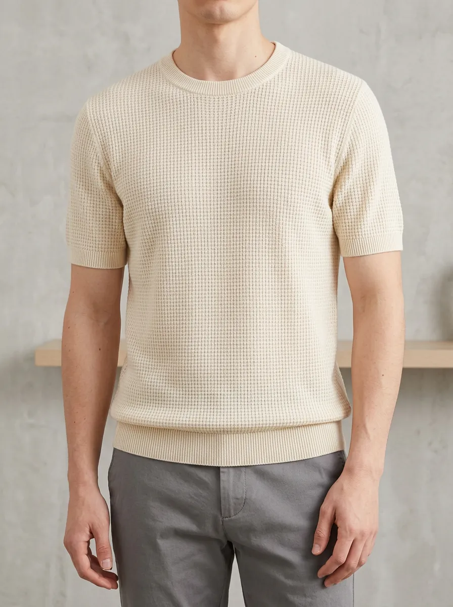 Men's Minimalist Short-Sleeve Waffle Knit Polo Shirt