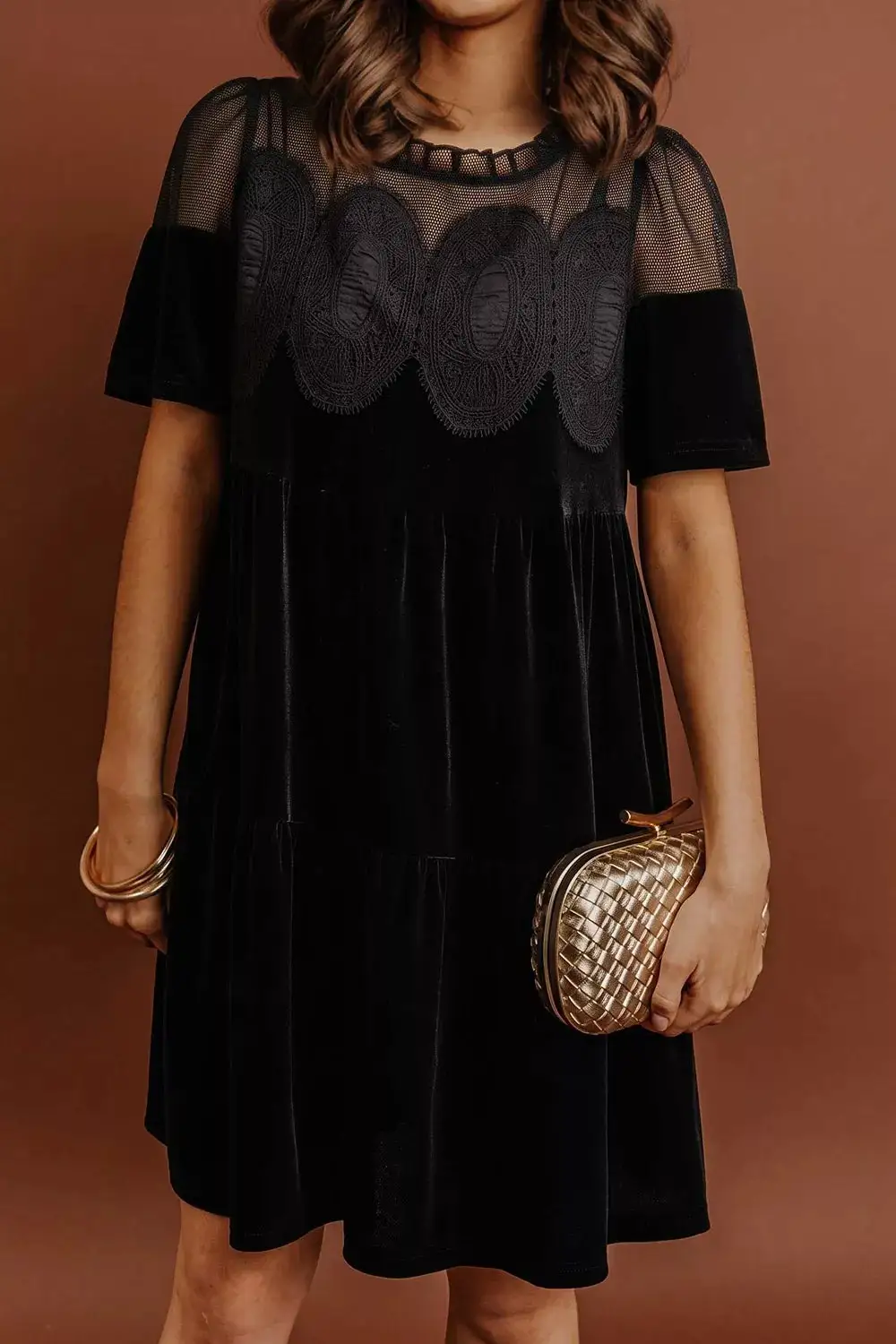 Embroidered Velvet Short Sleeve Mini Shift Dress