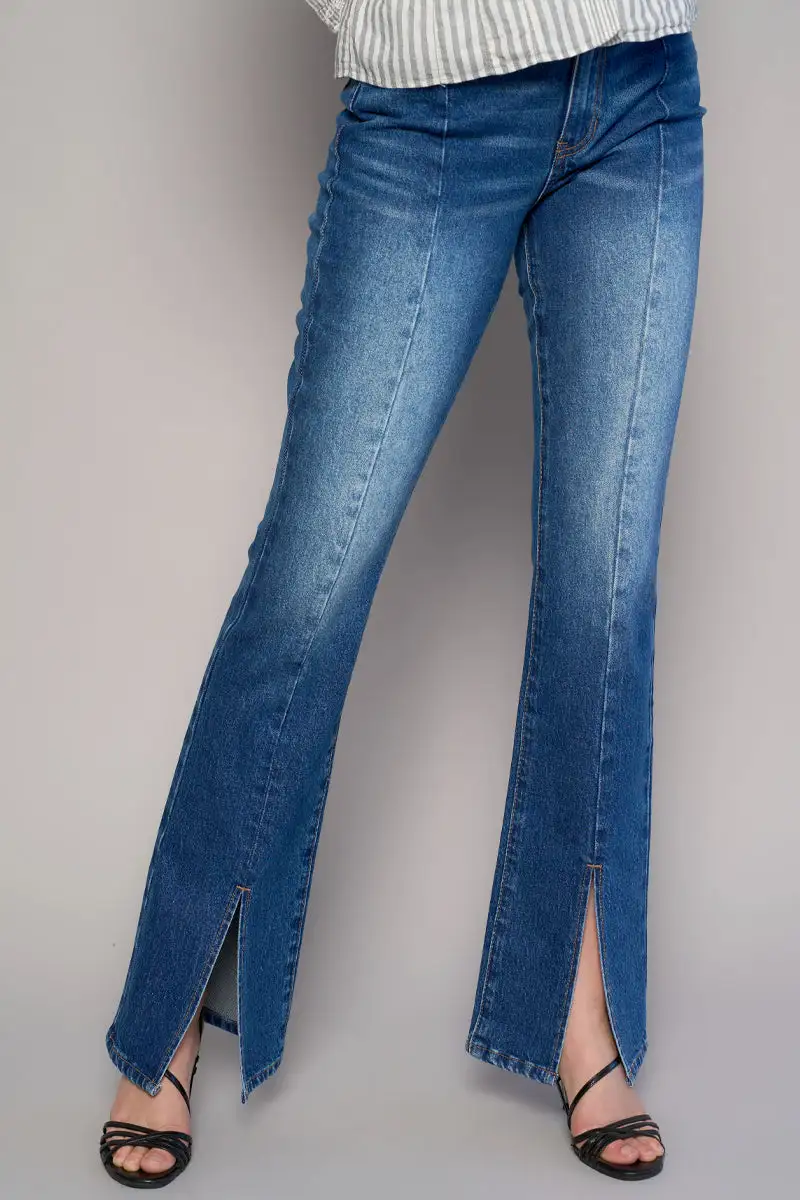 Women's High Rise Front Slit Flare Comfort Stretch Denim Jeans