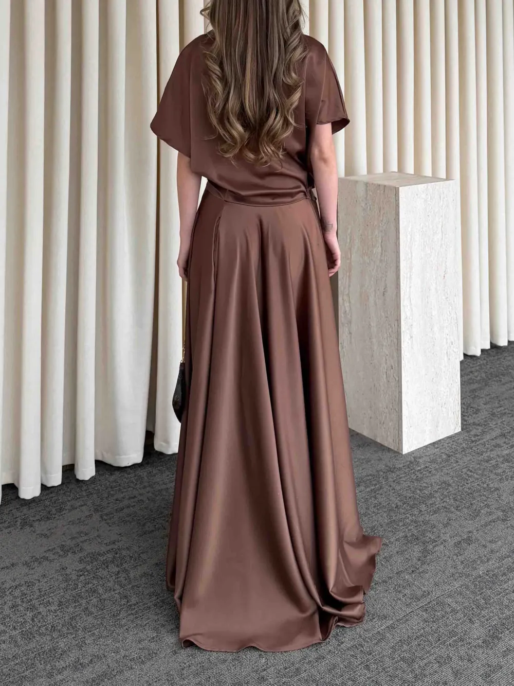 Elegant Satin Flowing Wrap Midi Dress