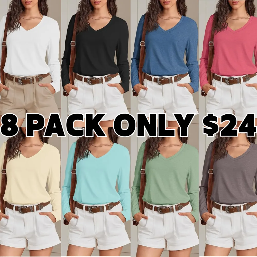 Women's V-Neck Long Sleeve Tee - Soft Curved Hem Top