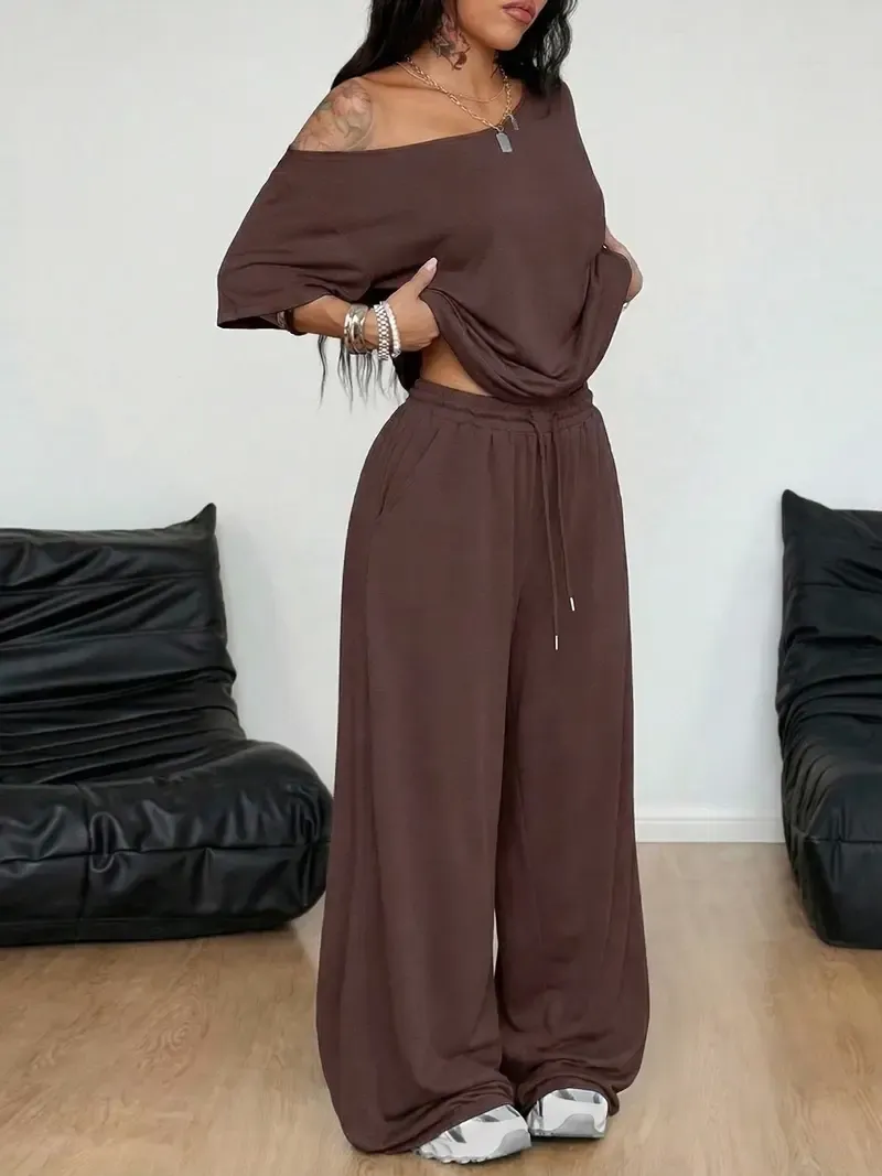 🔥Hot Sale💥Women's Off-Shoulder T-Shirt And Wide-Leg Pants Two-Piece Set🔥8-SETS- All Colors Included