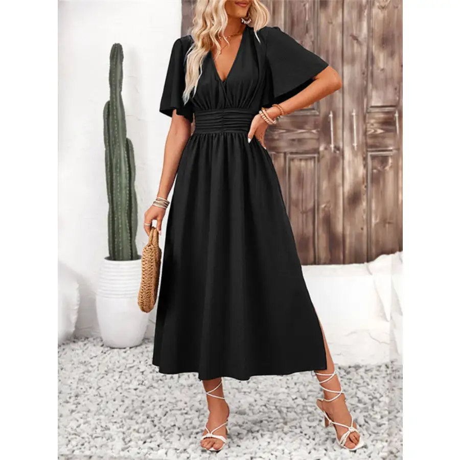 Side Slit Surplice Flutter Sleeve Midi Dress