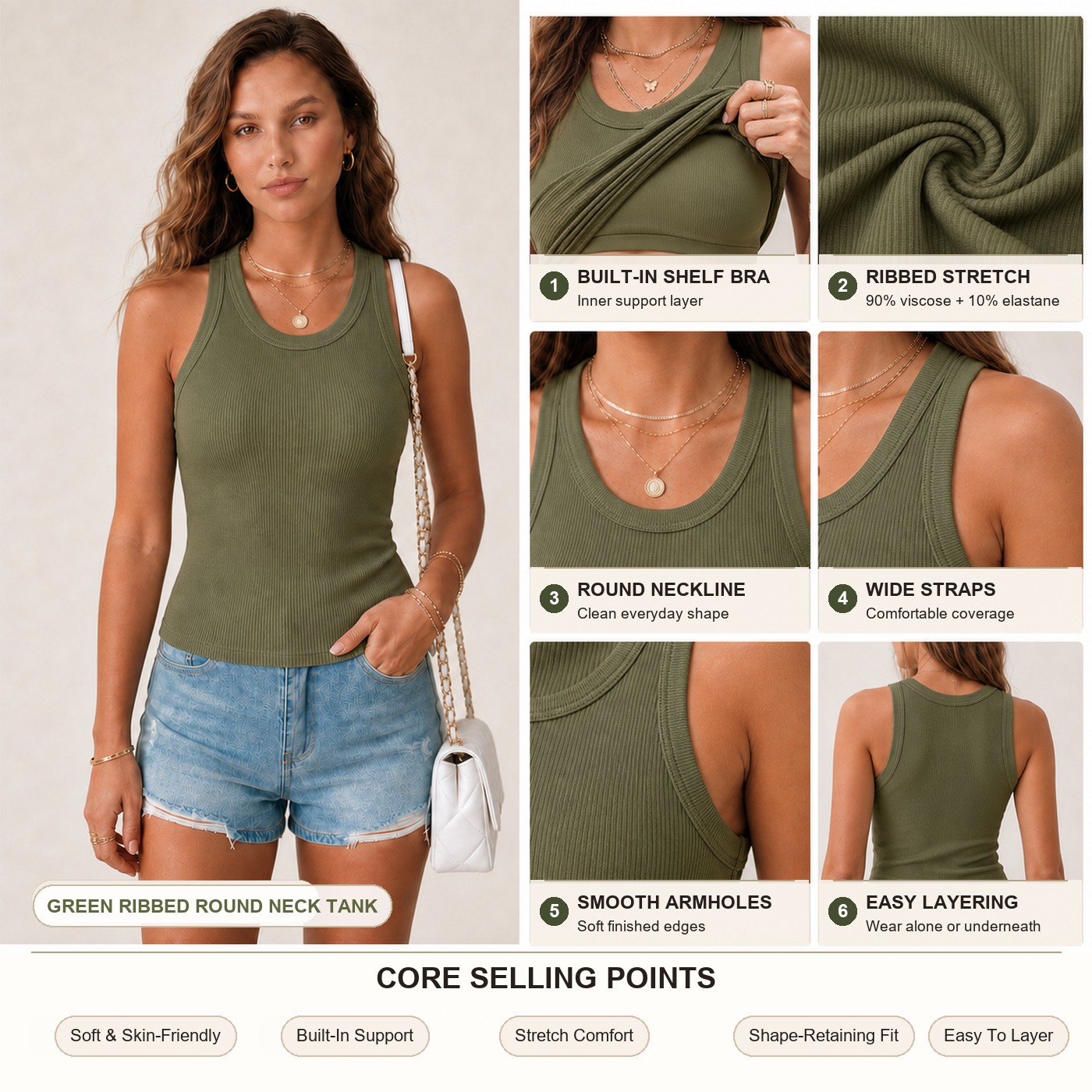 Core selling points for green built-in shelf bra ribbed tank