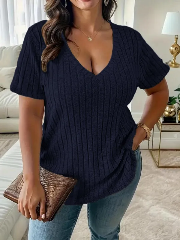 Women Plus Size Summer V-Neck Tee – Casual Short Sleeve Top