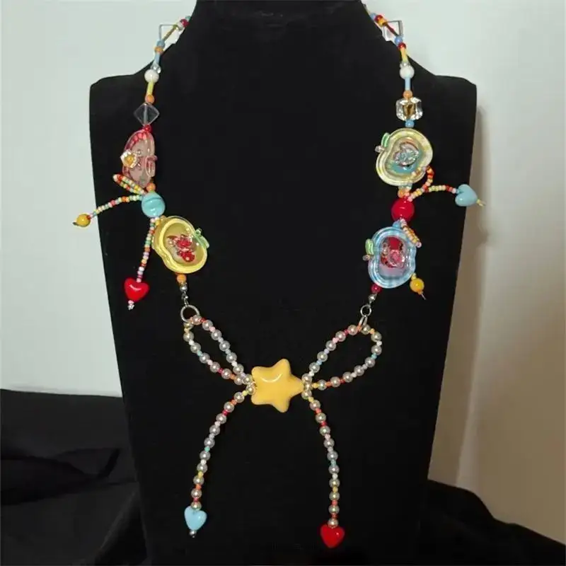 Acrylic Beaded Bow Detail Fashion Necklace