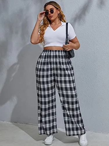 Women's Plus Size Casual Plaid Elastic High Waist Wide Leg Pants