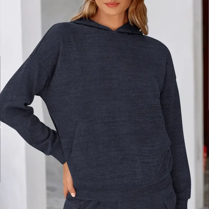 Women's 2-Piece Knitted Sets Hoodie & Wide Leg Pants with Pockets Drawstring