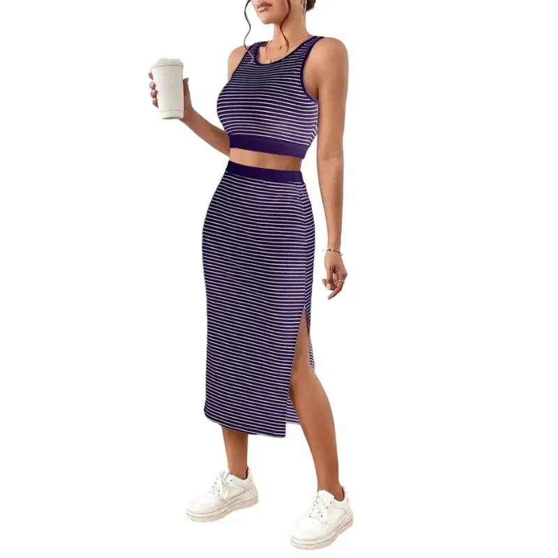 Women's Striped Print Crop Top & Skirt Two-Piece Set