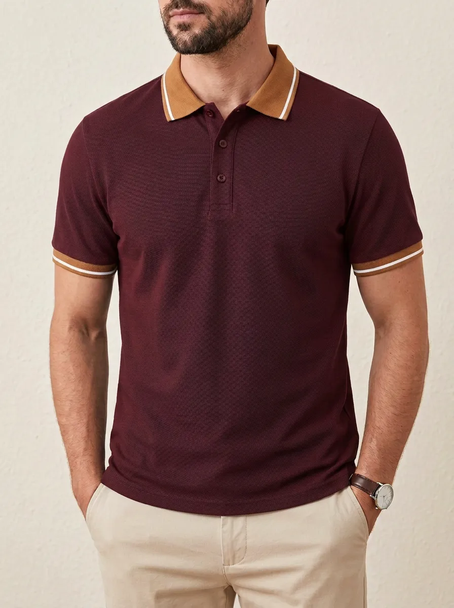 Men's Classic Knit Ribbed Textured Contrast-Collar Tipped-Sleeve Polo Shirt