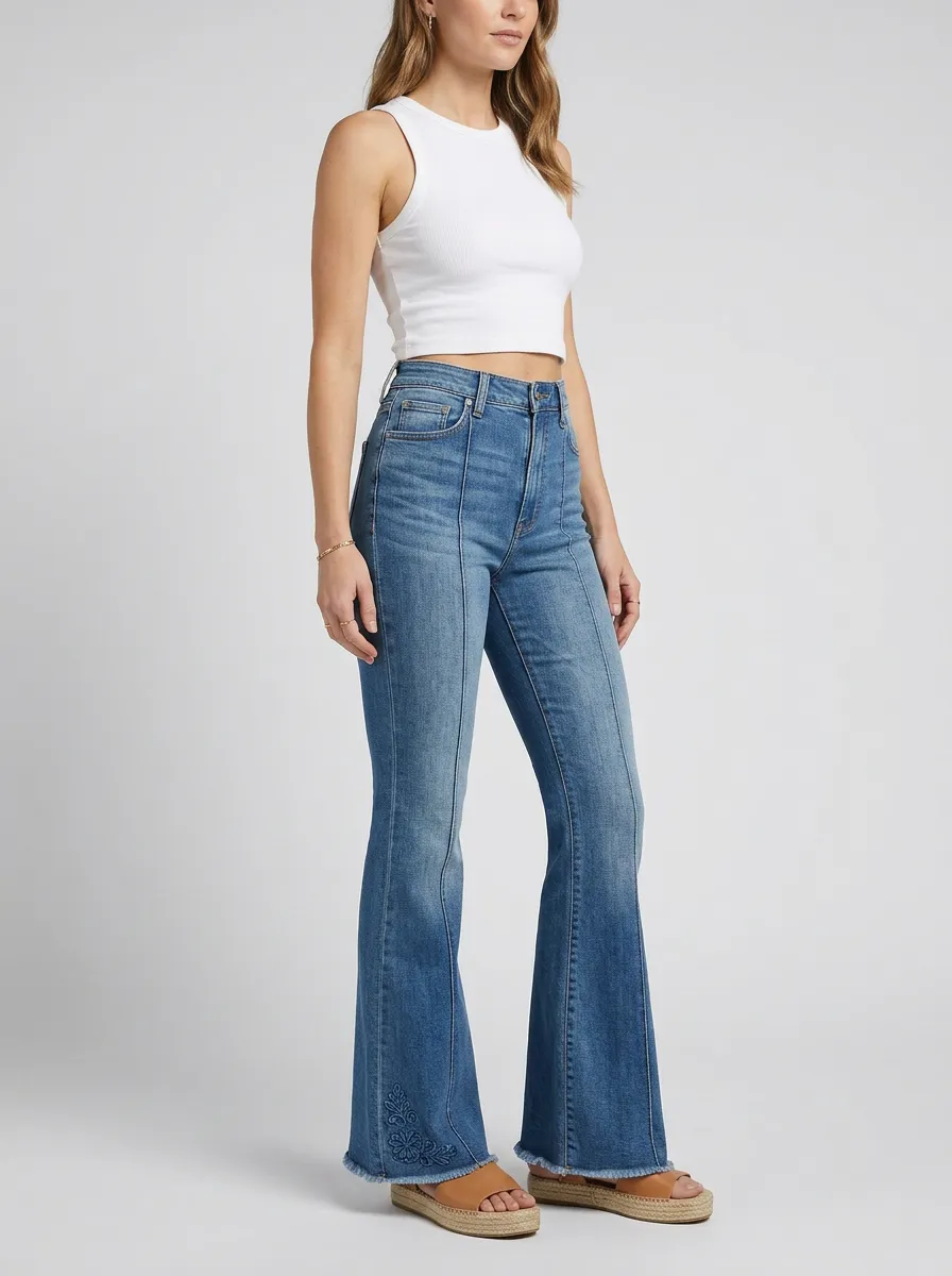 Women's Western Inspired Floral Embroidery Floral Embroidered High-Rise Flare Jeans