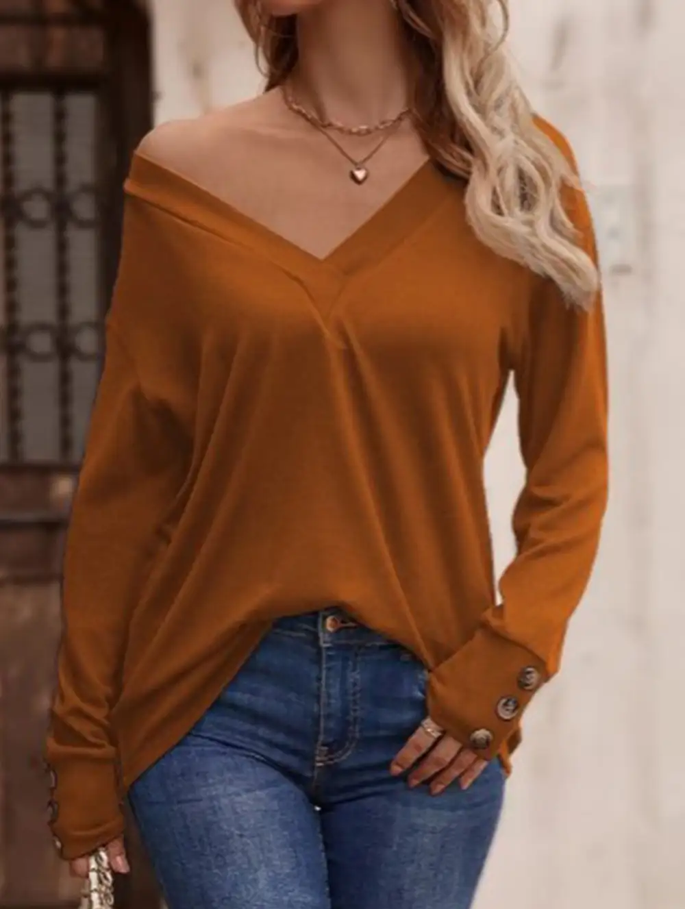V Neck Button Loose Long Sleeve Tee