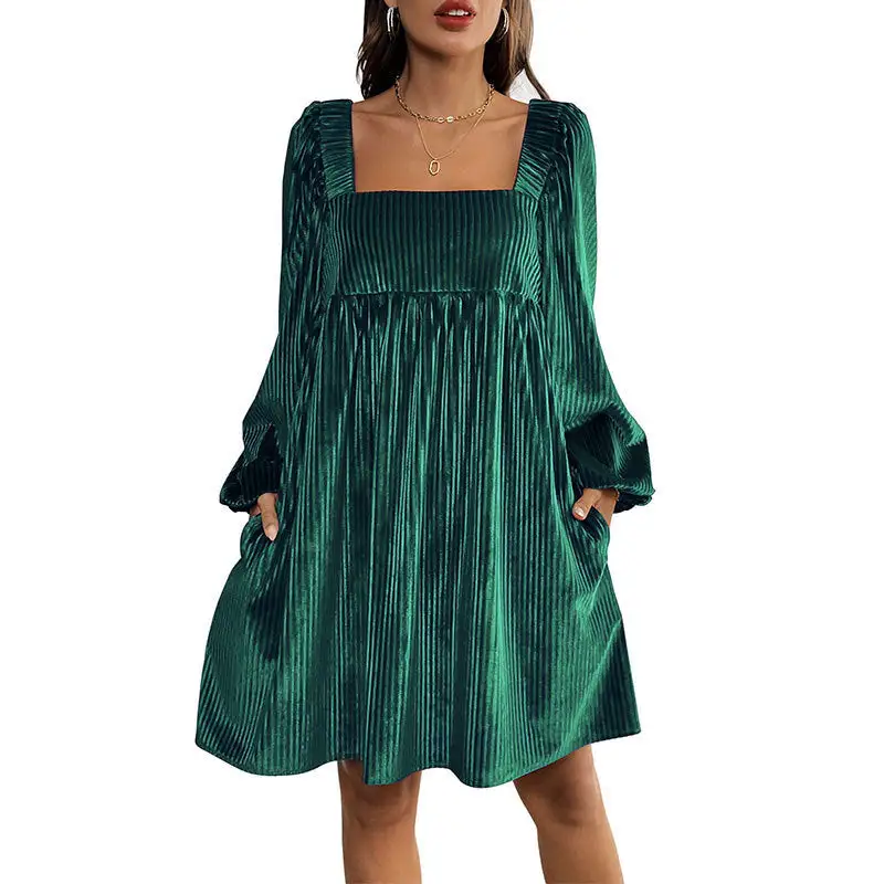 Women's Square-Neck Puff-Sleeve Pocketed Summer Maxi Dress