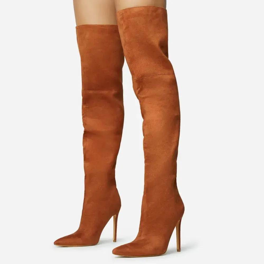 Faux-Suede Pointed-Toe Stiletto-Heel Platform Over-the-Knee Boots
