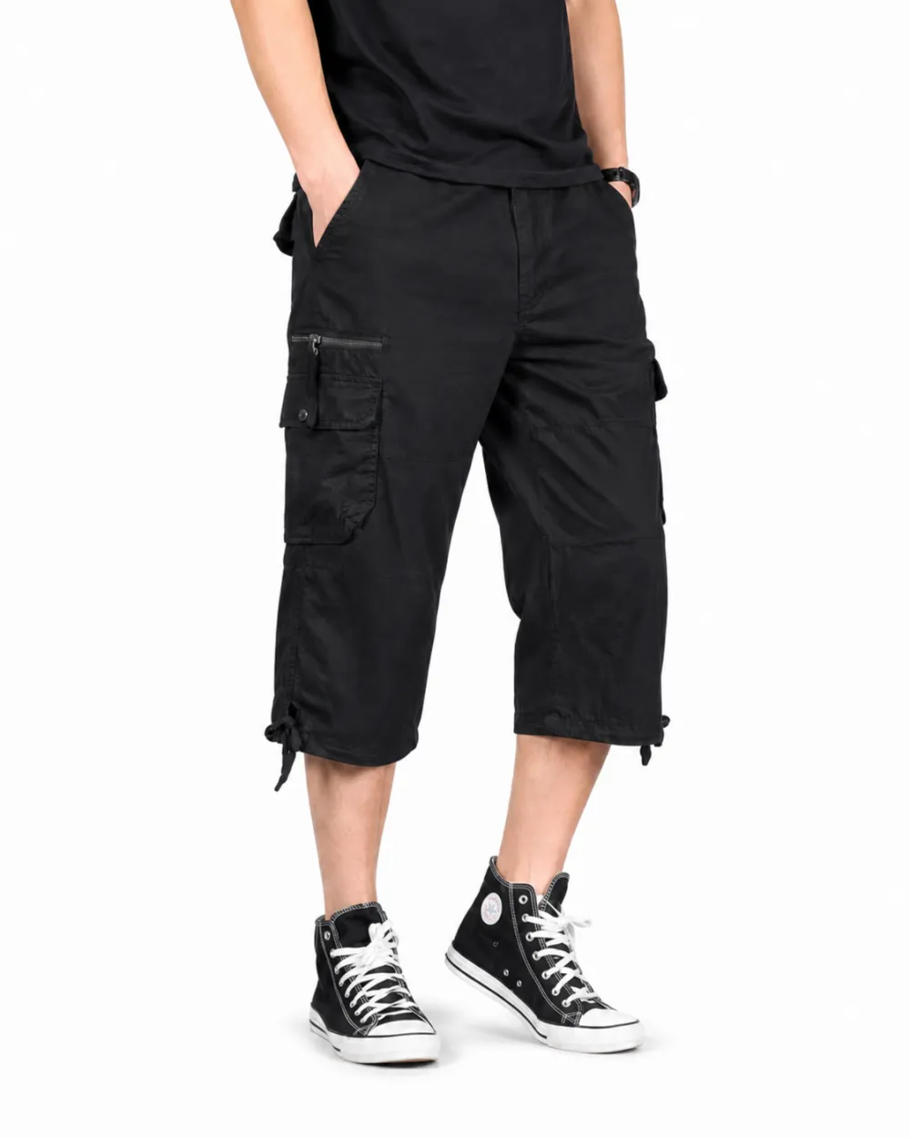 Men's Cropped Cargo Capri Pants with Utility Pockets and Drawstring Hem