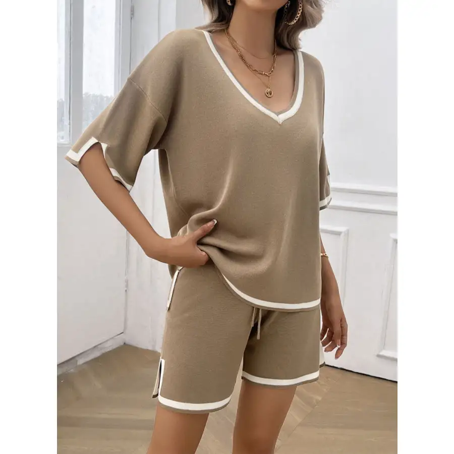 Contrast Trim V Neck Top and Shorts Set
