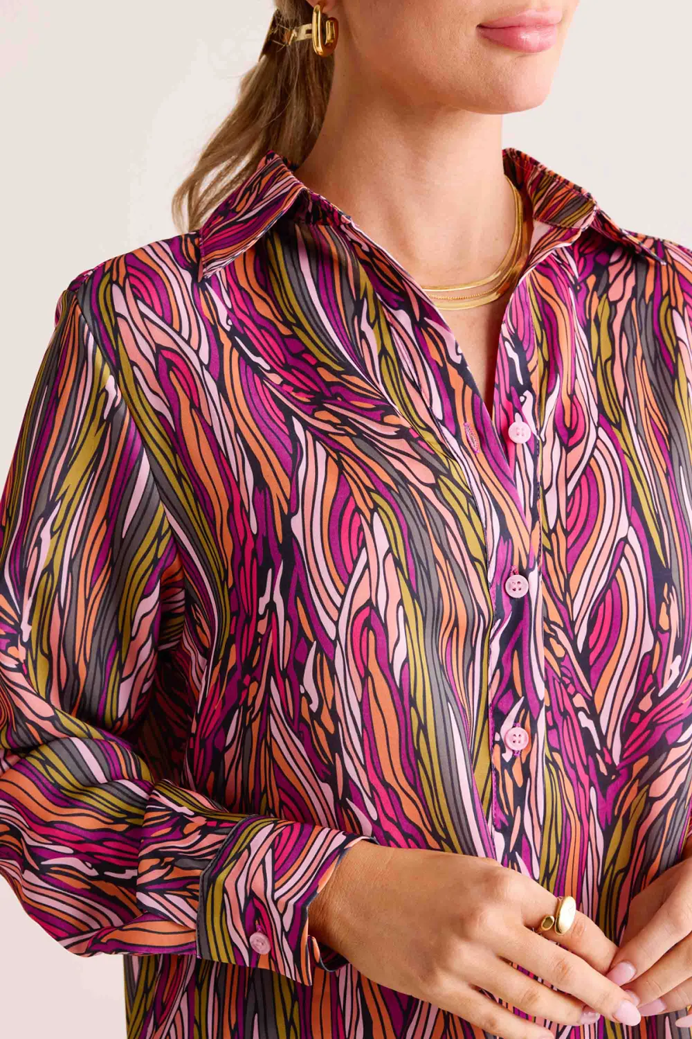 Multicolored Striped Print Collared Long Sleeve Blouse