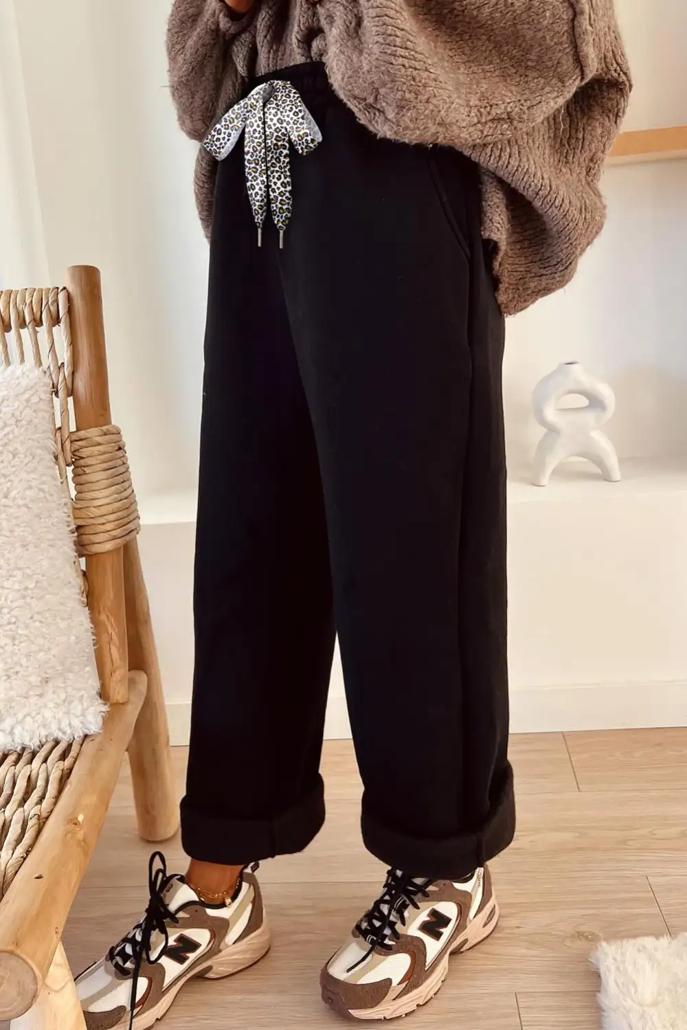 Fleece Lined Leopard Drawstring Elastic Rise Pants