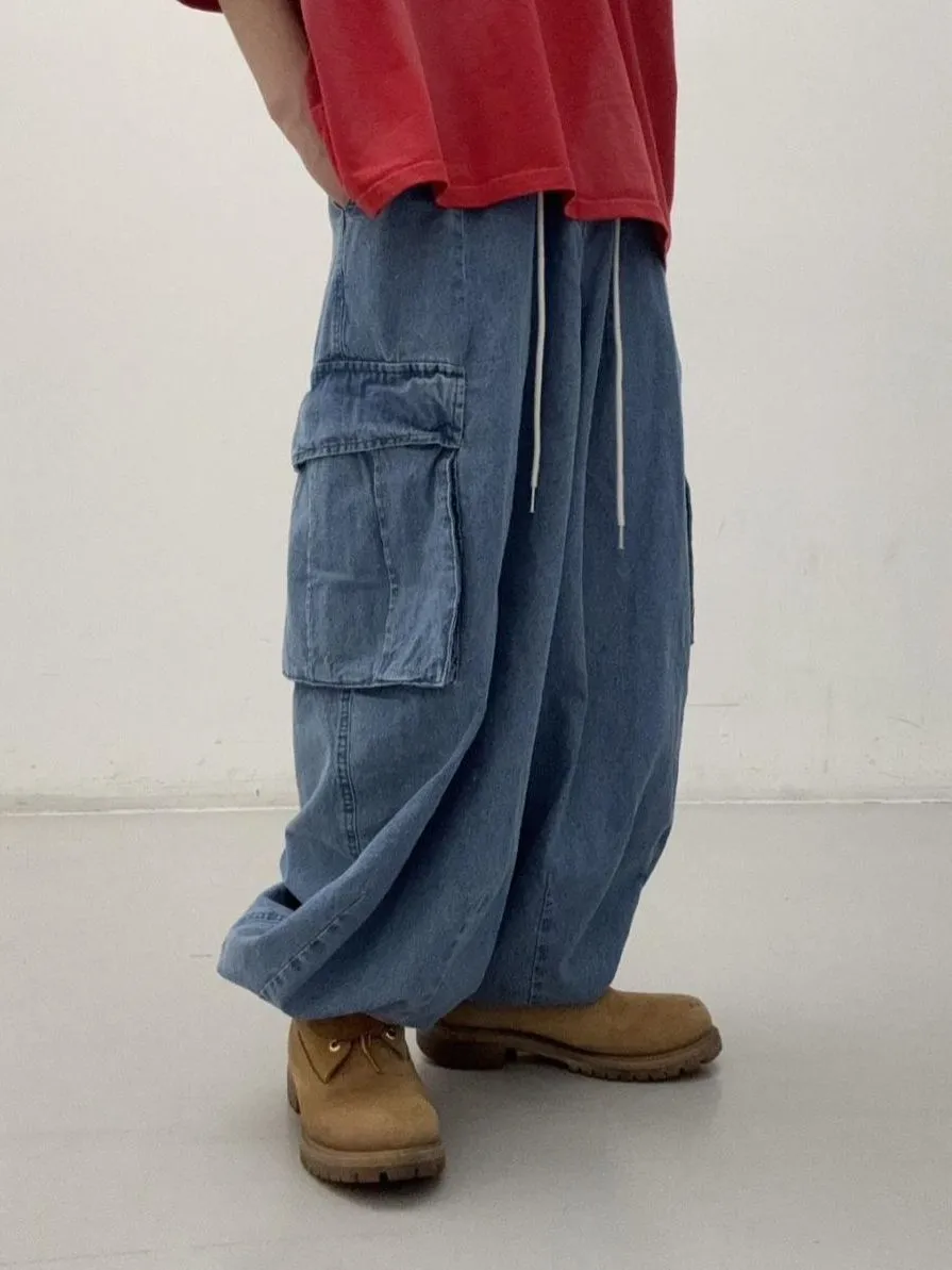 Washed Denim Cuffed Relaxed Cargo Pants
