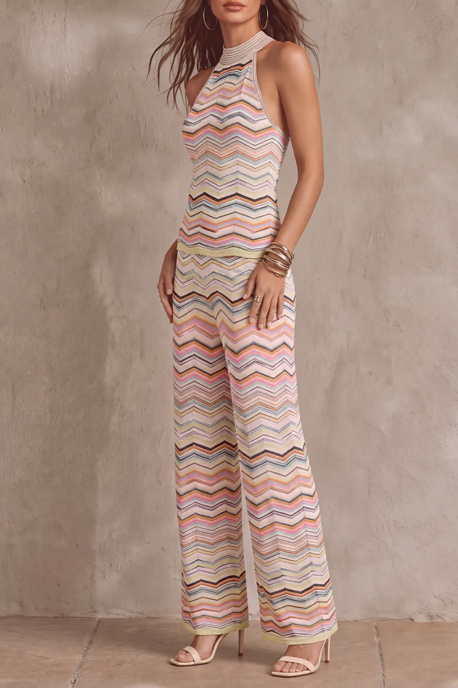 Knit Striped Wavy Stripe Matching Pants Set
