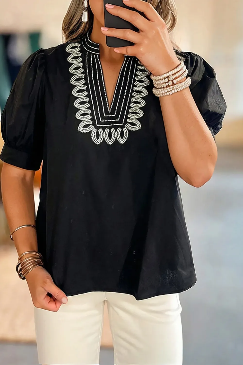 Embroidered V-Neck Puff Sleeve Blouse