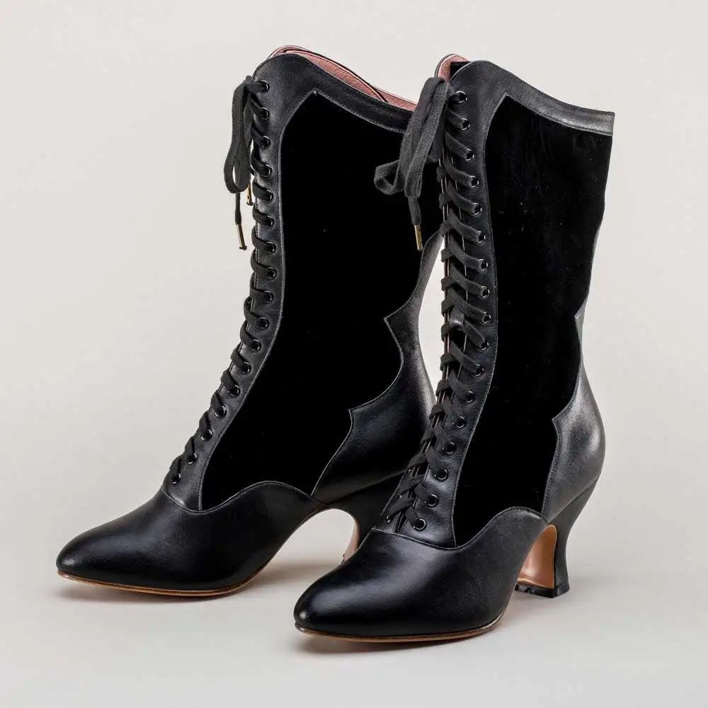Faux-Leather Lace-Up Patchwork Spool-Heel Mid-Calf Boots