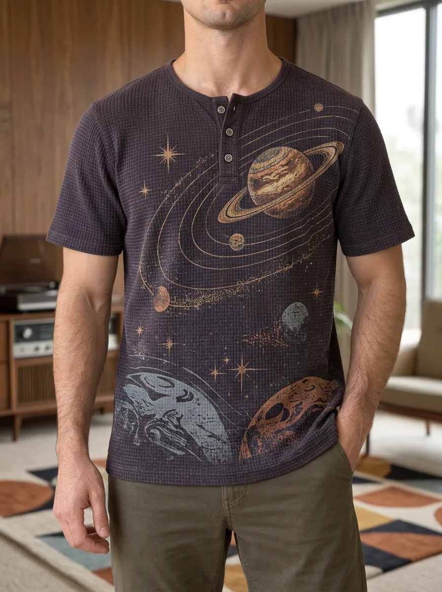 Men's Relaxed Space Astronomy Saturn Planet Henley T-Shirt