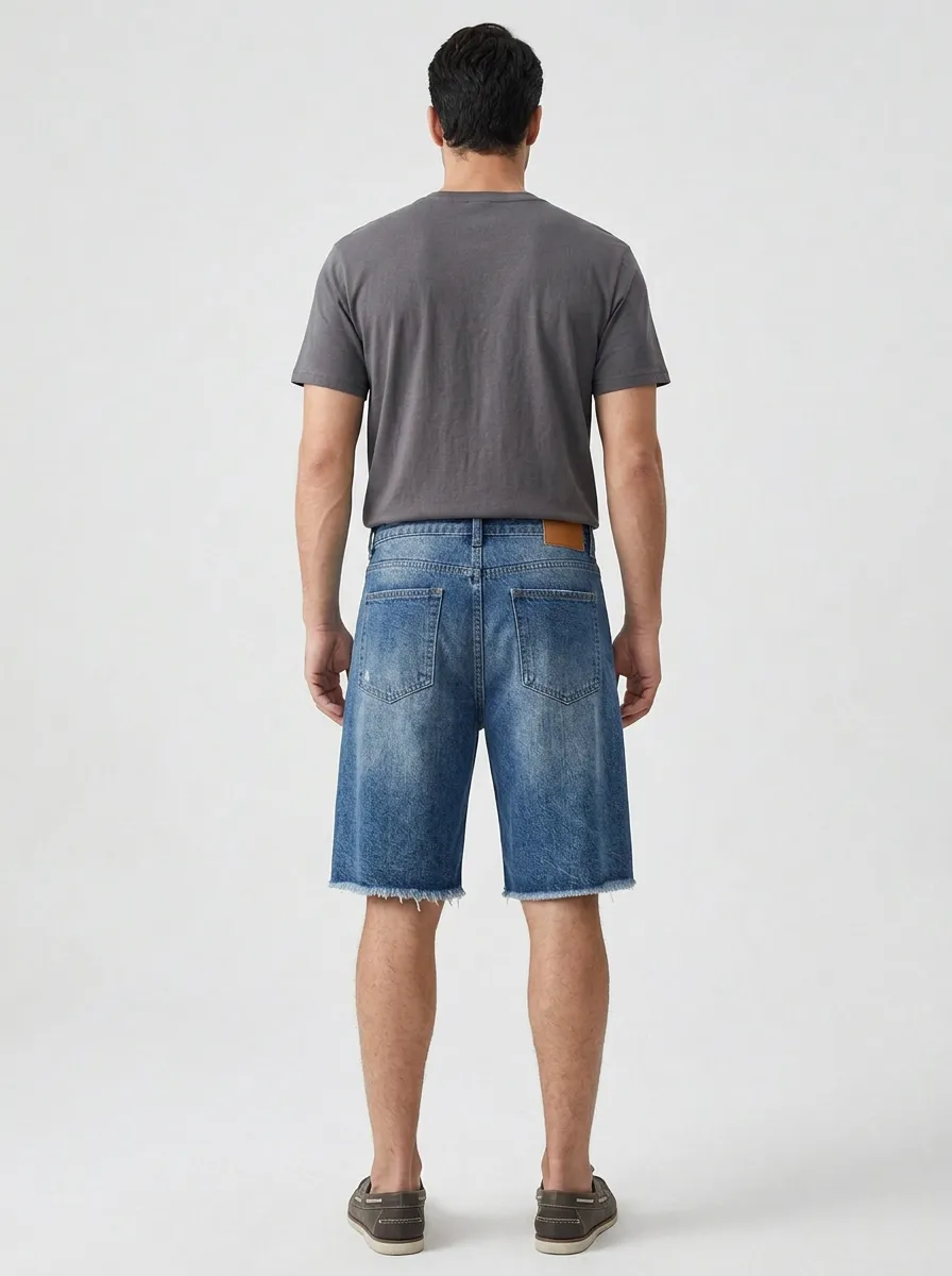 Men's Relaxed Distressed Raw Hem Street Inspired Distressed Denim Shorts