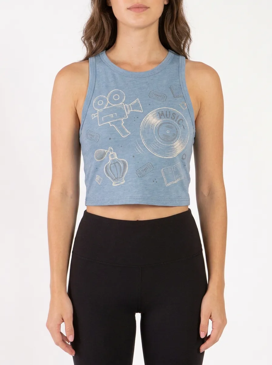 Women's Retro Cinema Music Lover Camera Vinyl Printed Crop Top