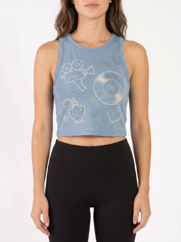 Women's Retro Cinema Music Lover Camera Vinyl Printed Crop Top