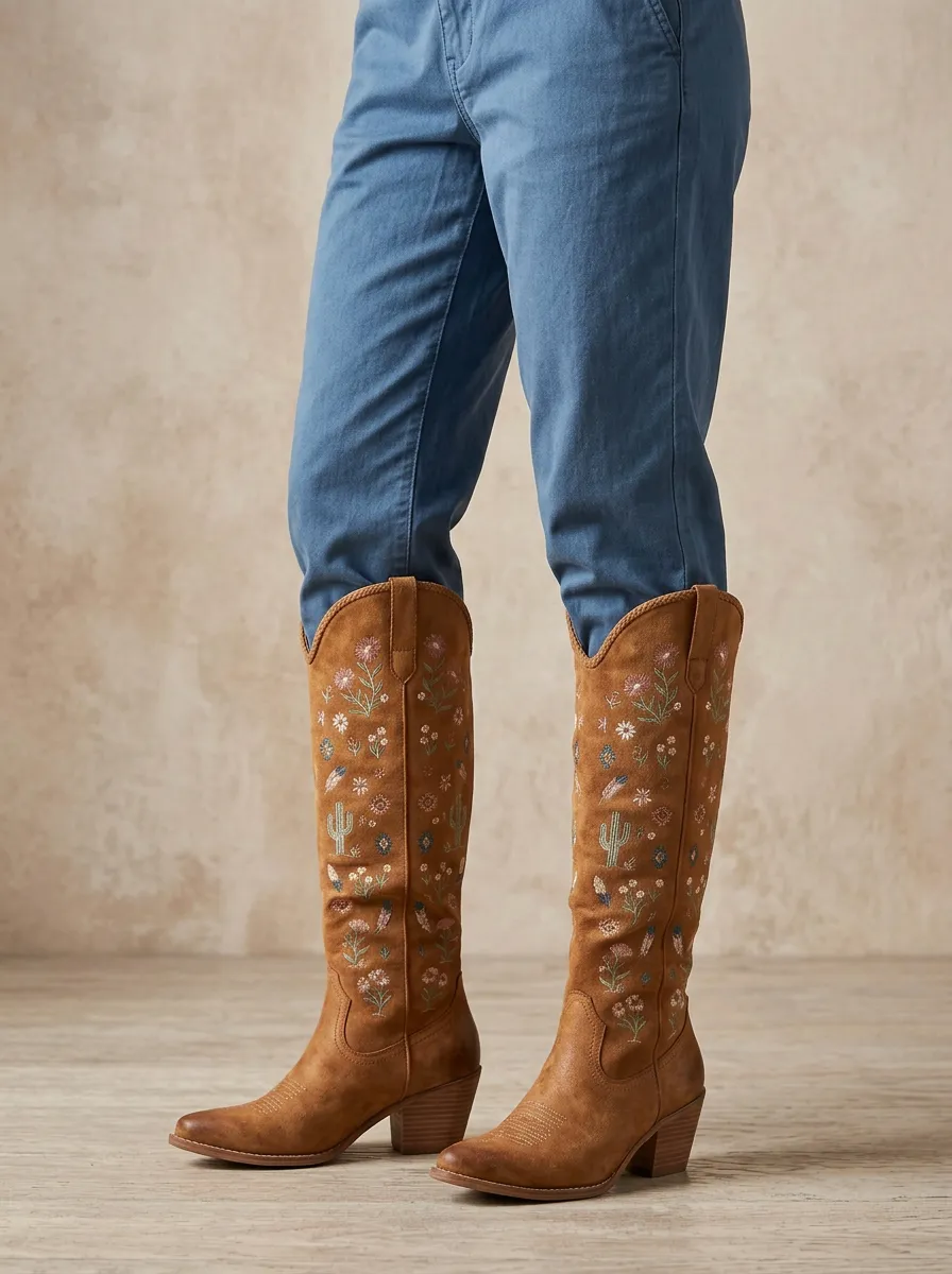 Women's Cactus Floral Geometric Embroidered Braided Block-Heel Western Denim Over-the-Knee Boots
