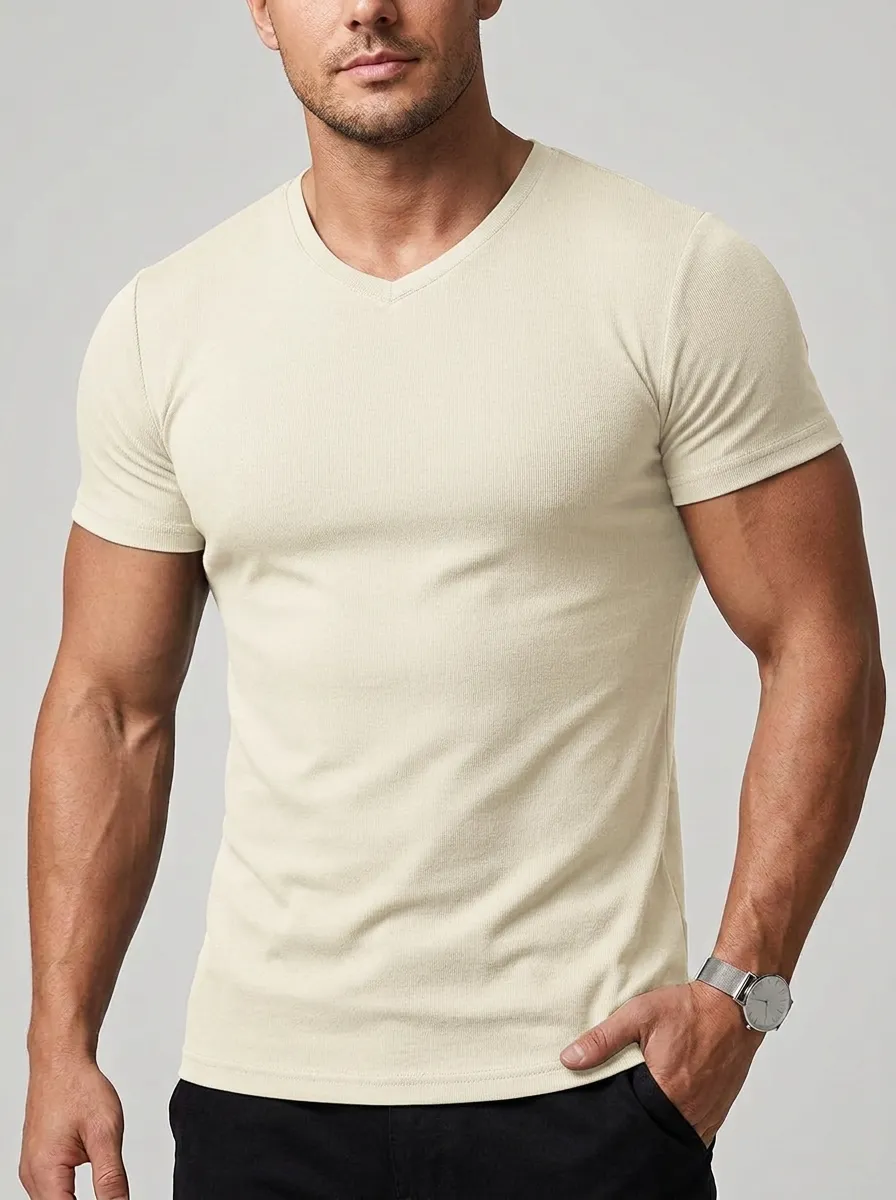 Minimal Ribbed V-Neck Essential Men's Slim Fit Short Sleeve T-Shirt