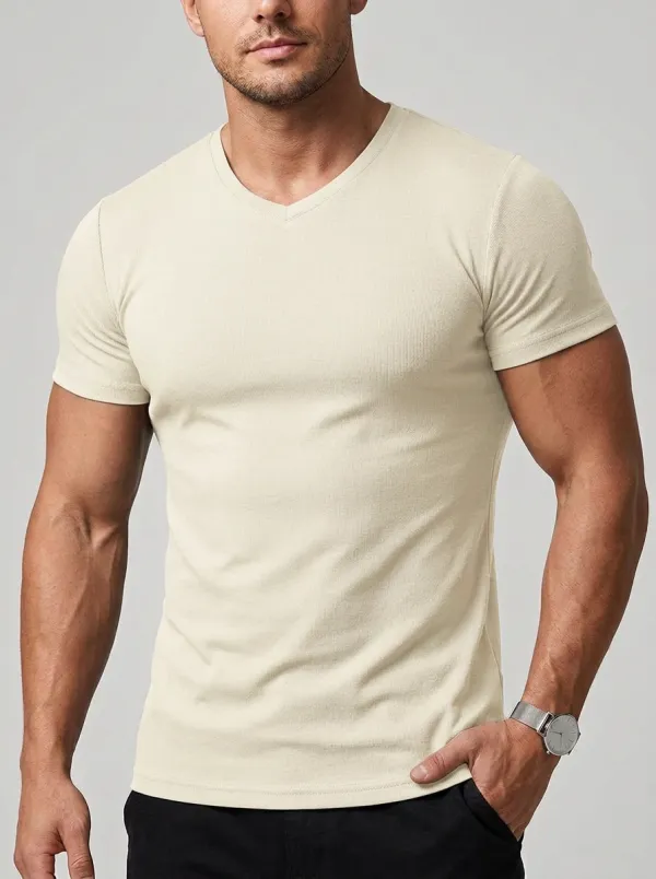 Minimal Ribbed V-Neck Essential Men's Slim Fit Short Sleeve T-Shirt
