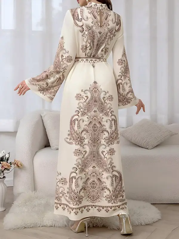 Mock-Neck Bell-Sleeve Boho Paisley Maxi Dress