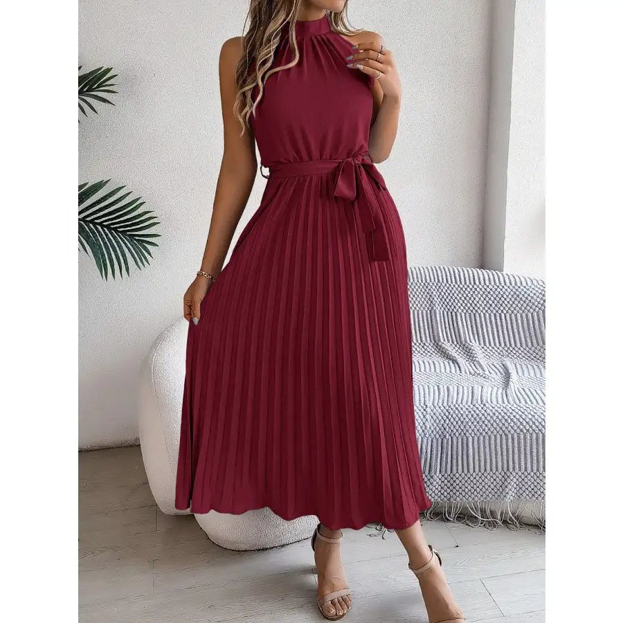Pleated Tie Waist Sleeveless Midi Dress