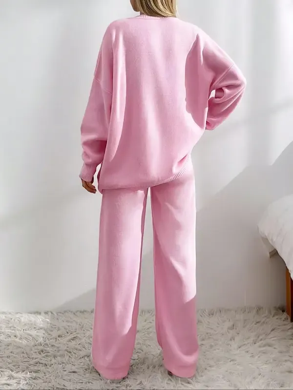 Women's Front Drop Shoulder V Neck Cardigan & Elastic Waist Wide Leg Pants Two-piece Set