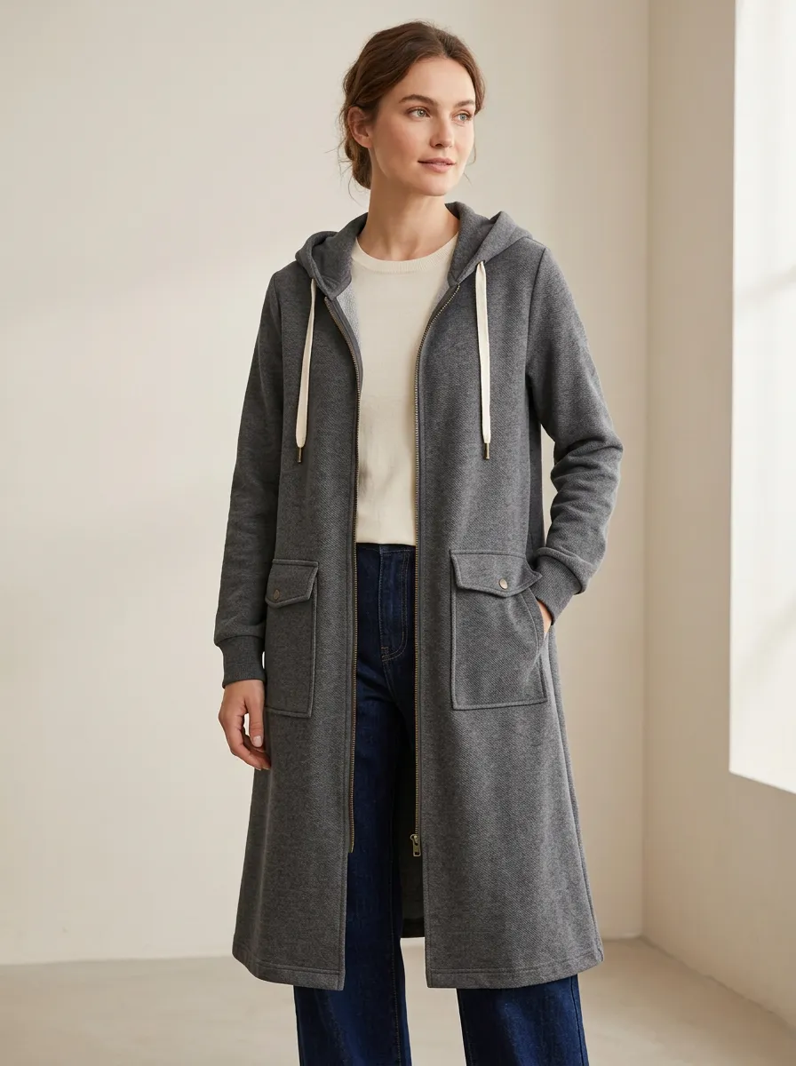 Streamlined-Layer Zip-Up Long Hooded Coat