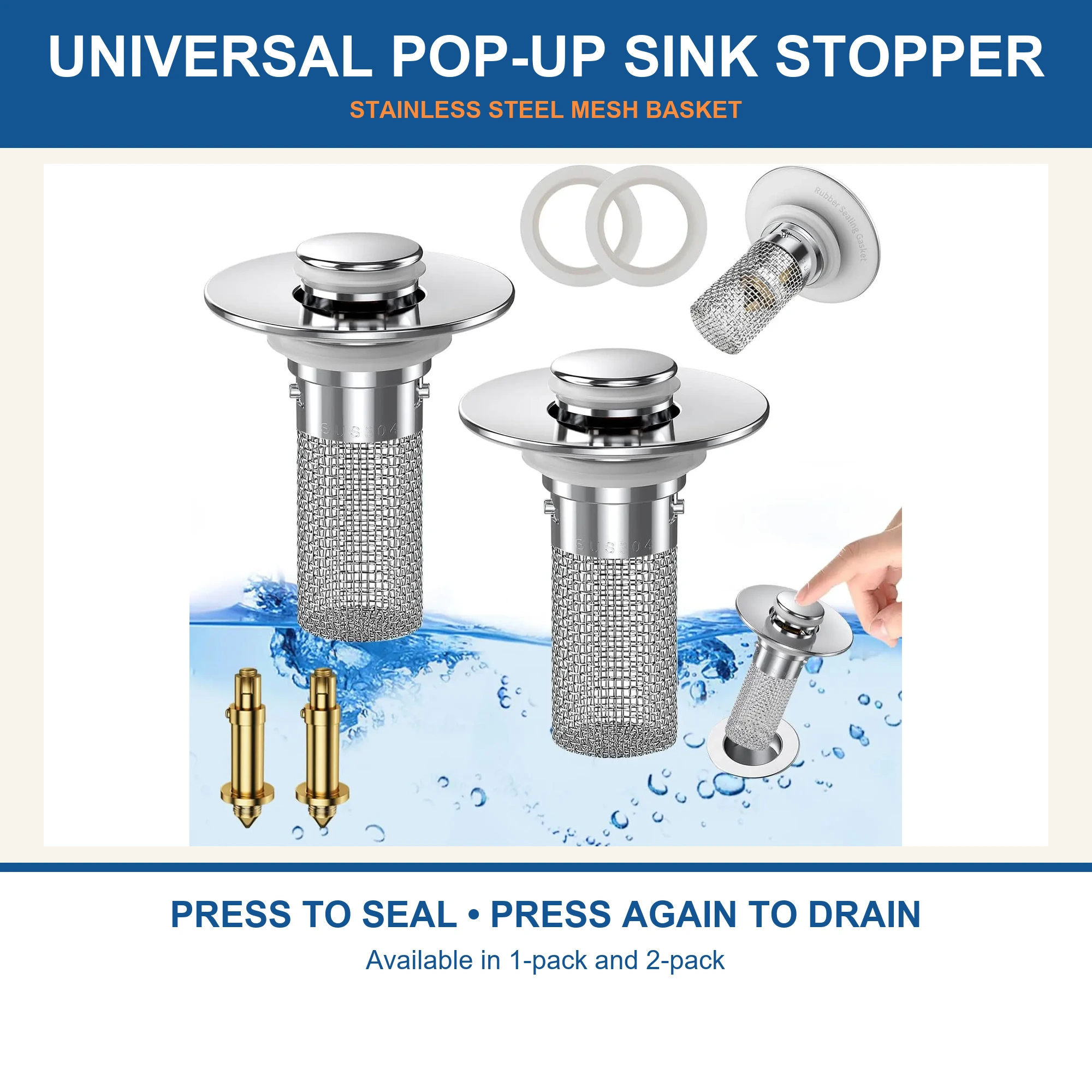 Universal Pop-Up Sink Drain Stopper with Stainless Steel Mesh Basket - Press to Seal, Press Again to Drain