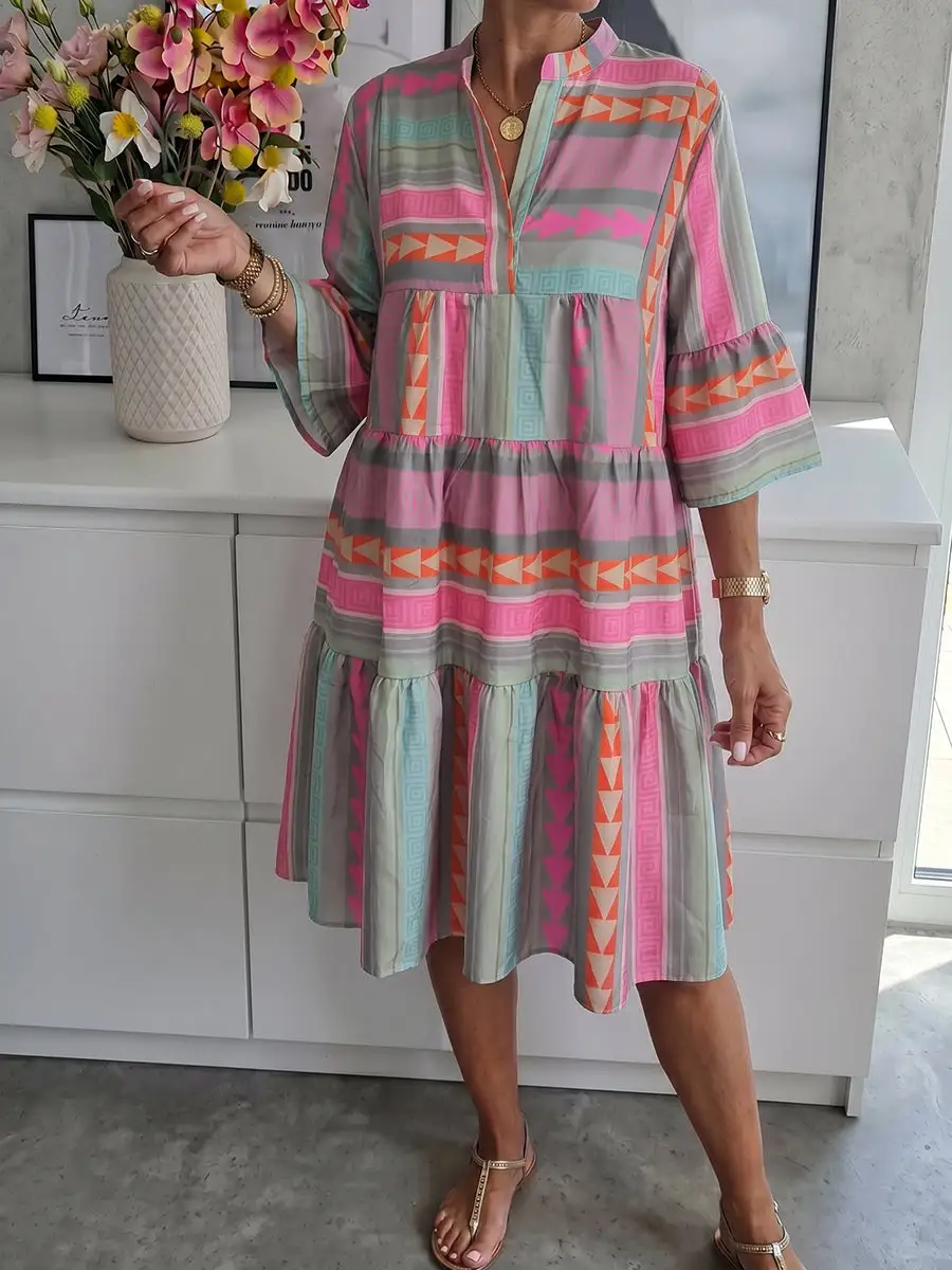 A Line Relaxed Contrast Color Printed Split Joint V Neck Mini