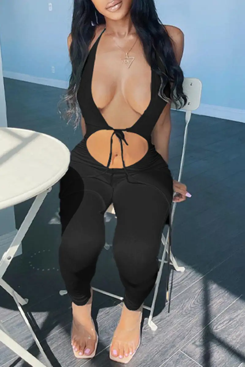Sexy Casual Solid Bandage Hollowed Out Backless Halter Skinny Jumpsuits