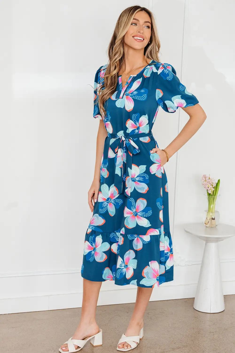 Floral Printed Tie Waist Dress Casual