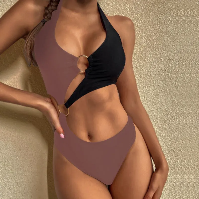 High Waist One Piece Swimsuit with Hollow Metal Ring