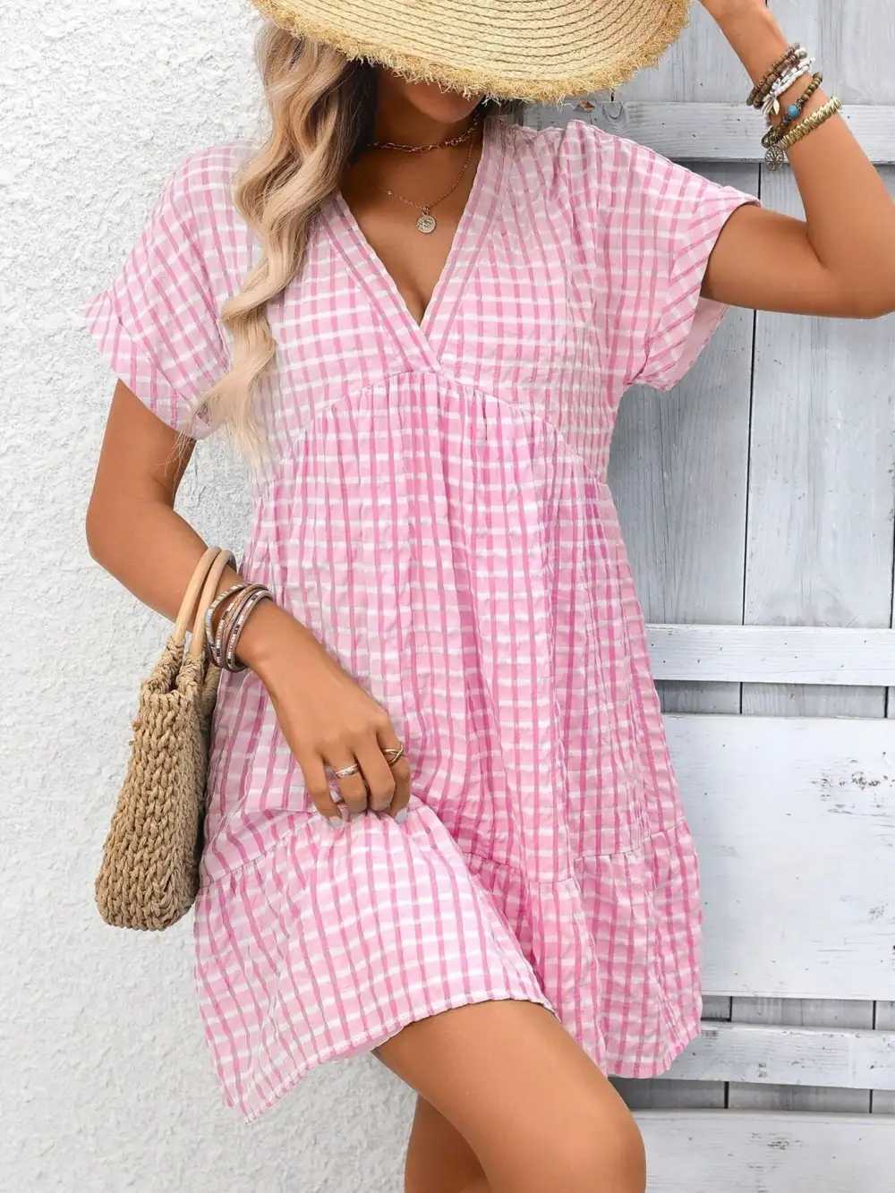 Plaid V Neck Ruffle Mini Dress