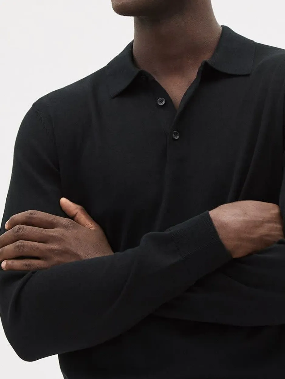 Black Cotton Long-Sleeve Polo Sweater