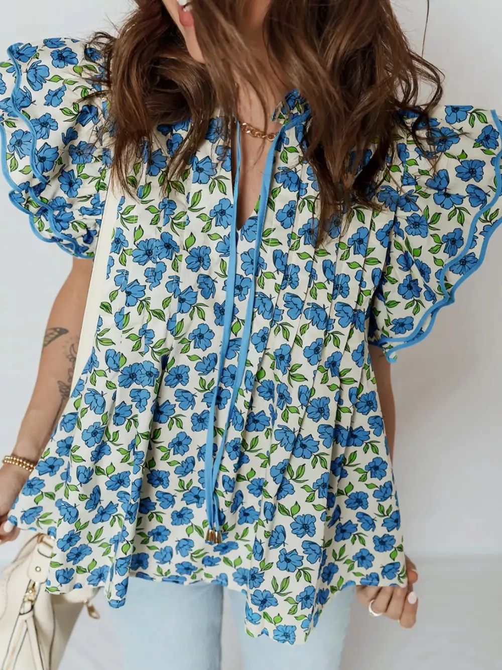 Floral Print Ruffle Sleeve Tie Neck Blouse