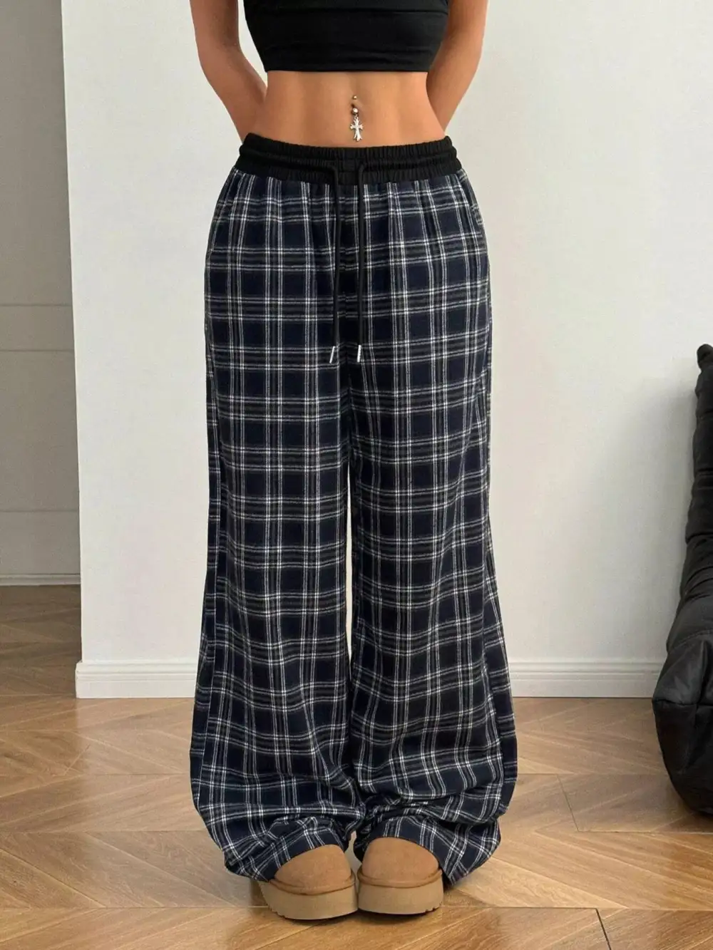Wide Leg Elastic Waist Plaid Drawstring Pants