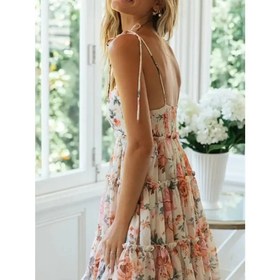 Printed Tie-strap Tiered Mini Dress
